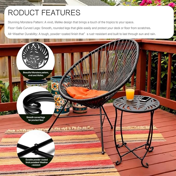 Outdoor Side Tables 2 Pack, 15" Height Tool-Free Metal Patio End Table with Monstera Pattern - Photo 4