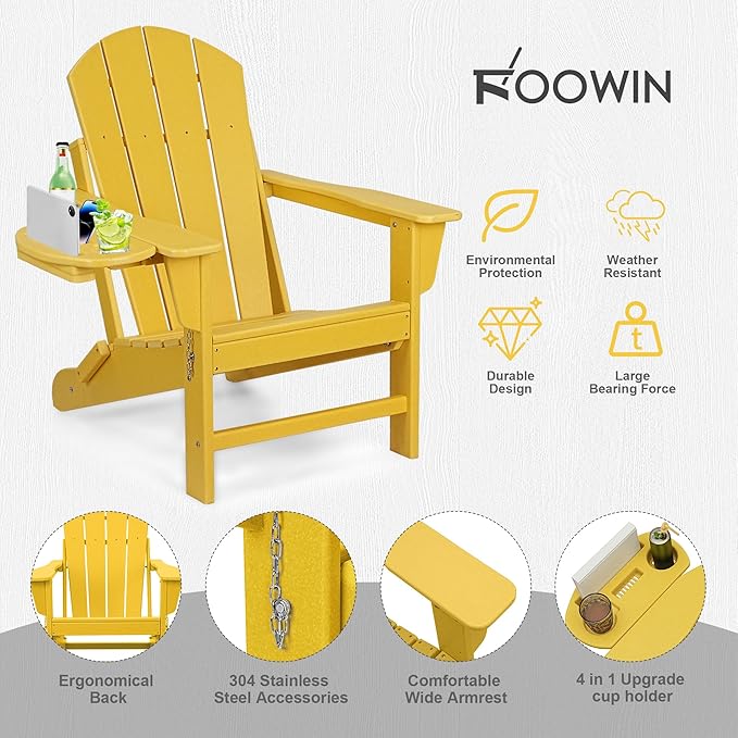 FOOWIN Adirondack Chair, HDPE Folding Adirondack Chair w/4 in 1 Cup Holder Trays,Weather Resistant Outdoor Chair, Fire Pit Chairs for Patio Lawn Garden Backyard Deck Yellow