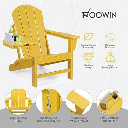 FOOWIN Adirondack Chair, HDPE Folding Adirondack Chair w/4 in 1 Cup Holder Trays,Weather Resistant Outdoor Chair, Fire Pit Chairs for Patio Lawn Garden Backyard Deck Yellow