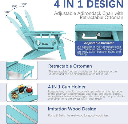 FOOWIN Adirondack Chair with Retractable Ottoman,HDPE Folding Adjustable Adirondack Chair w/4 in 1 Cup Holder Trays,All-Weather Resistant Fire Pit Chair for Outdoor Patio Lawn Set of 8