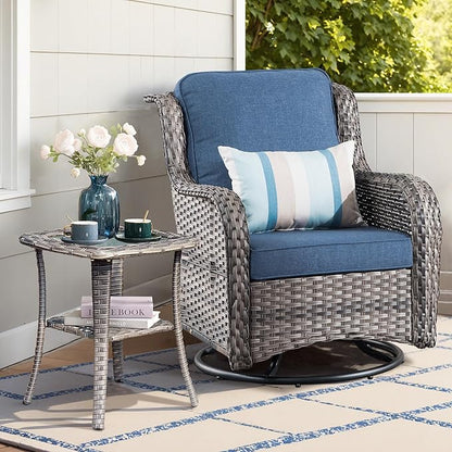 ovios Outdoor Patio Side Table with Tempered Glass Top, 2-Layer Storage Wicker Coffee Tables for Garden Porch Yard Deck Balcony, Grey Rattan