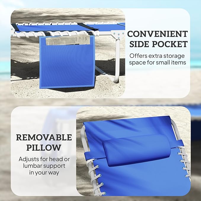 Outsunny Tanning Chair with Face Hole, Side Table, 5-Position Reclining Folding Chaise Lounge Chair Outdoor Lounger Recliner, Carry Straps for Beach Pool Camp, Breathable Mesh, Navy Blue