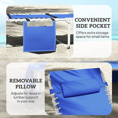 Outsunny Tanning Chair with Face Hole, Side Table, 5-Position Reclining Folding Chaise Lounge Chair Outdoor Lounger Recliner, Carry Straps for Beach Pool Camp, Breathable Mesh, Navy Blue