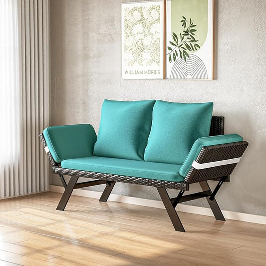 TAVATA Outdoor Convertible Sofa, Woven Rattan Loveseat Patio Furniture Couch with Adjustable Armrests, Removable Cushions & Pillows, Balcony Couch Daybed for Porch, Backyard, Deck, Poolside (Blue)