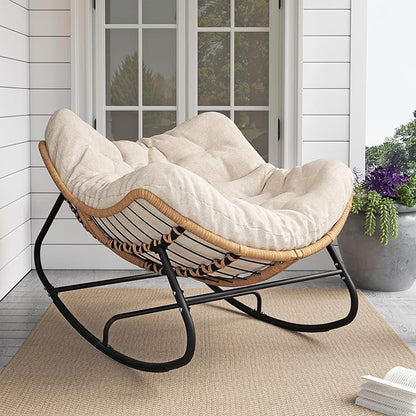 Outdoor Rocking Chair, Oversized Papasan Chair, Indoor Comfy Lounge Rocker with Cushion for Patio, Living Room, Porch, Balcony-Cream