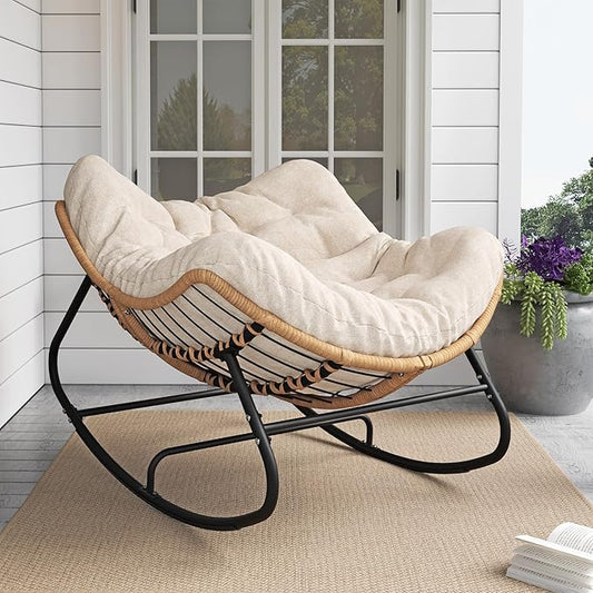 Outdoor Rocking Chair, Oversized Papasan Chair, Indoor Comfy Lounge Rocker with Cushion for Patio, Living Room, Porch, Balcony-Cream
