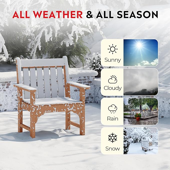 Costaelm Outdoor Dining Arm Chair, Patio HDPE Garden Dining Table Chair, Poly Lumber Waterproof Restaurant Bistro Farmhouse Chairs for Outside Porch Backyard, Teak