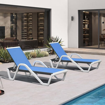PURPLE LEAF Patio Chaise Lounge Set of 2 Plastic Pool Outdoor Lounge Chair with Armrest Stackable Poolside Tanning Chairs for Beach Deck Yard Sunbathing, Royal Blue