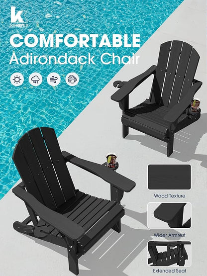 KINGYES Folding Adirondack Chair Set of 4, Dual Cup Holders & All-Weather HDPE, Wood-Like Patio Chair for Backyard, Camping, Pool & Fire Pit, Black