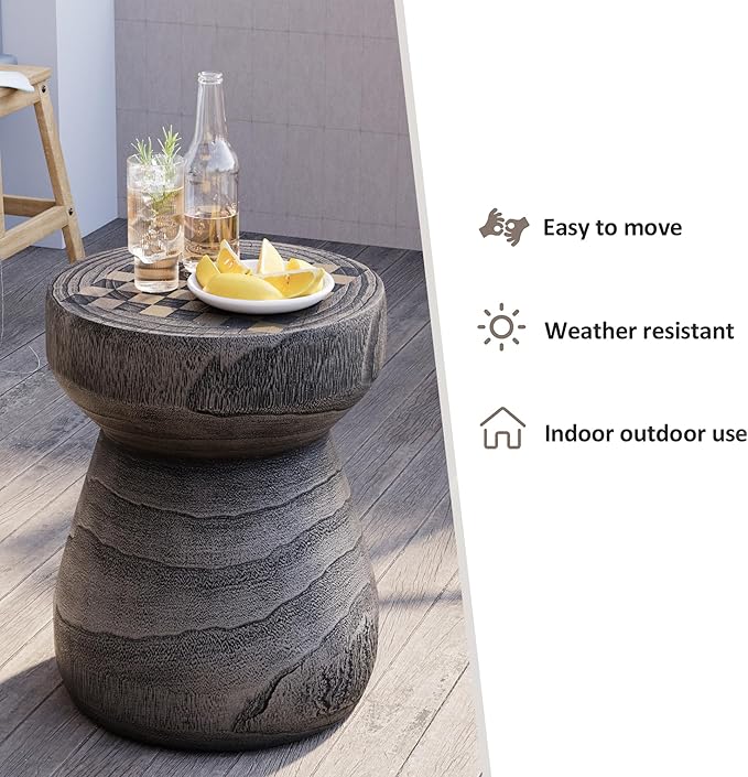 HOMPUS Outdoor Side Table with Checkerboard Grain Tabletop, Concrete Patio Table Mushroom Shaped, MgO Lightweight Round End Table Modern Vintage Round Coffee Table for Indoor Outdoor Use, Grey