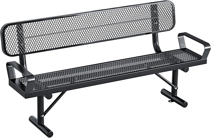 Outdoor Garden Bench, Cast Iron Metal Frame Patio Park Bench with Backrest, Portable Expanded Metal Black Bench, Commercial-Grade Outdoor Seating for Patio, Park, Garden (Black with armrest, 6FT/72')