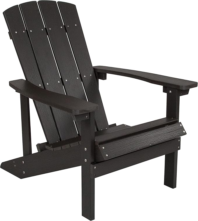 Pemberly Row Farmhouse Faux Wood Adirondack Chair, Slate Gray Finish, Weather-Resistant Polystyrene Frame, Vertical Lattice Back, Wide Arms, UV Protected Outdoor Patio Seating, 350 lb Weight Capacity