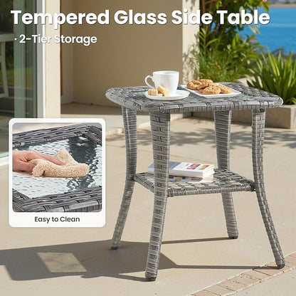 ovios Outdoor Patio Side Table with Tempered Glass Top, 2-Layer Storage Wicker Coffee Tables for Garden Porch Yard Deck Balcony, Grey Rattan