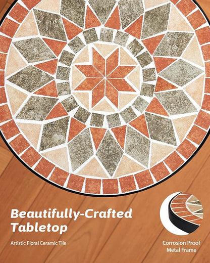 VONLUCE Outdoor Side Table and Mosaic Plant Stand, 21" Round End Table with 14" Ceramic Tile Top for Patio Porch Decor, Indoor and Outdoor Accent Table, Small Coffee Table for Home Garden, Quilt Star