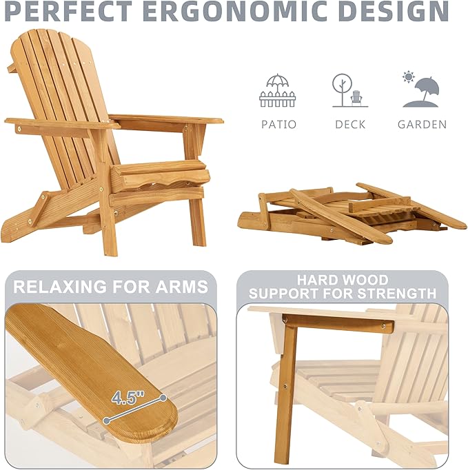 Wooden Folding Adirondack Chair with Ottoman, Pre-Assembled Backrest and Seat Board, Lounge Chair for Outdoor Patio Garden Lawn Backyard Firepit Deck Pool Beach