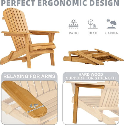 Wooden Folding Adirondack Chair with Ottoman, Pre-Assembled Backrest and Seat Board, Lounge Chair for Outdoor Patio Garden Lawn Backyard Firepit Deck Pool Beach