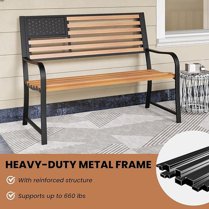 Tangkula 50” Outdoor Garden Bench, 2-Person Metal Patio Chair with Flag Pattern Backrest & Rustic Wood Grain Finish, Patriotic Bench with Arms for Porch, Deck, Park, Brown & Black