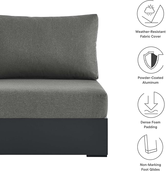 Modway Tahoe Aluminum Armless Patio Gray Charcoal Modular Weather-Resistant Cushions-Perfect as Club Outdoor Lounge Chair