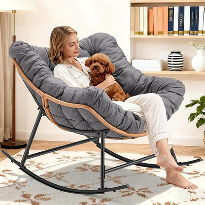 Outdoor Rocking Chair, Oversized Papasan Reading Chair Indoor with Thick Cushion, Comfy Rattan Rocker Egg Chair for Patio, Garden, Balcony, Lawn, Backyard, Bedroom, up to 450lbs, Dark Gray