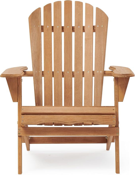 Folding Adirondack Chair Set of 2 Outdoor Wood Patio Chairs with Pre-Assembled Backrest Solid Hemlock Wood Front Porch Chairs for Garden Deck Poolside Fire Pit Light Brown
