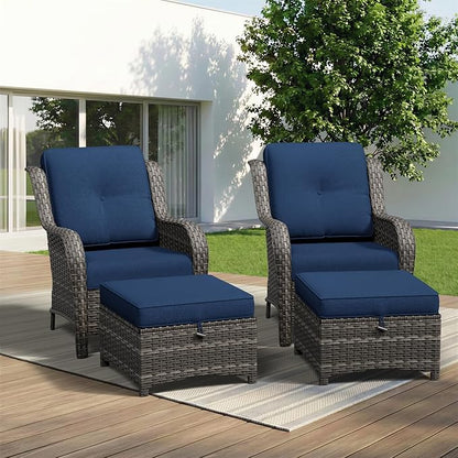 4 Piece Outdoor Wicker Patio Furniture Set, Patio Chairs Set with Thickened Olefin Cushions, High Back and Deep Seating, Hand-Woven PE Rattan, Ottoman for Porch, Deck, Blue
