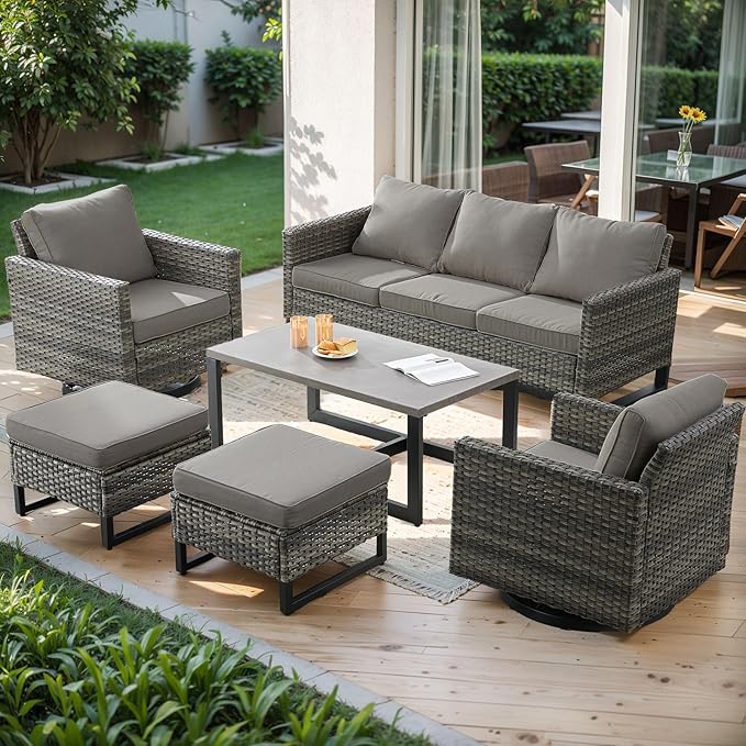 Wicker Outdoor Patio Furniture Set - 6 Piece Patio Conversation Set with 2 Swivel Rocker Chairs, 2 Rattan Ottoman - Photo 1