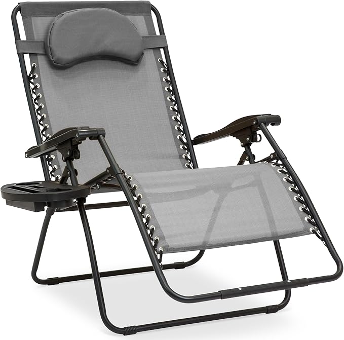 Best Choice Products Oversized Zero Gravity Chair, Folding Outdoor Patio Lounge Recliner w/Cup Holder Accessory Tray, Pillow - Gray