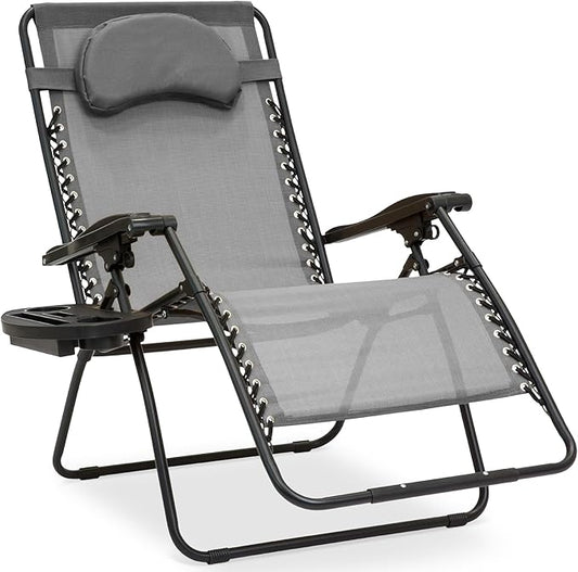 Best Choice Products Oversized Zero Gravity Chair, Folding Outdoor Patio Lounge Recliner w/Cup Holder Accessory Tray, Pillow - Gray