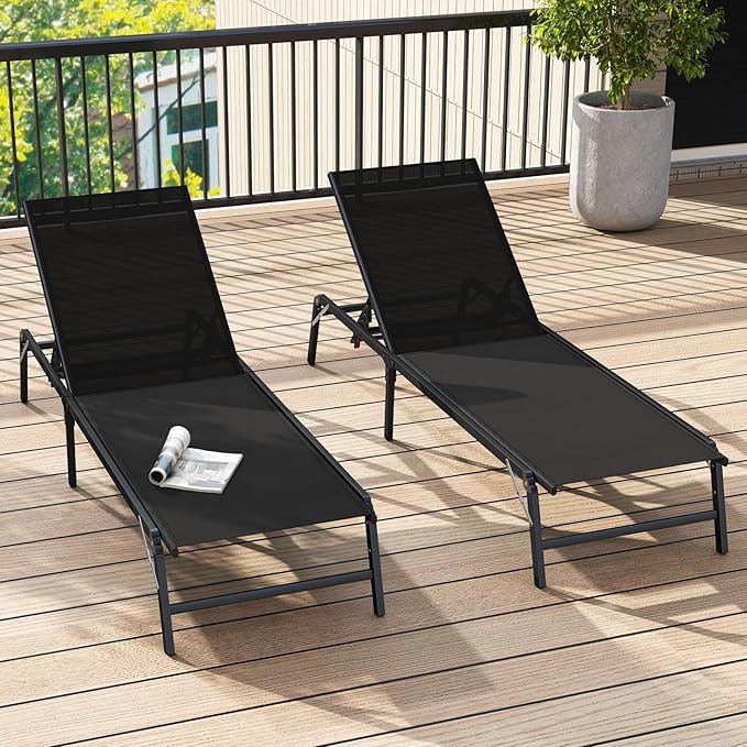 Tangkula Lounge Chair Outdoor Set of 2, Foldable Patio Chaise Lounge Chairs with 5-Position Adjustable Backrests - Photo 2