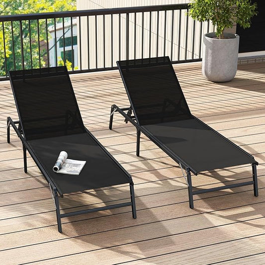 Tangkula Lounge Chair Outdoor Set of 2, Foldable Patio Chaise Lounge Chairs with 5-Position Adjustable Backrests, Breathable Fabric, Heavy Duty Metal Frame, No Assembly, Pool Loungers for Deck, Yard