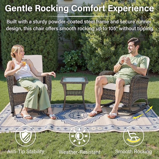 Belord Patio Rocking Chair Wicker Chair, 1 Piece Outdoor Rocking Chair Seating with Cushions for Porch Deck Balcony, Brown/Beige