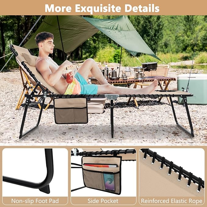 Giantex Patio Lounge Chairs for Outside - Set of 2 Folding Tanning Chair w/Headrest, 4 Adjustable Positions, Side Pocket, Outdoor Chaise Lounge for Camping, Pool, Sunbathing Beach Chair, Beige