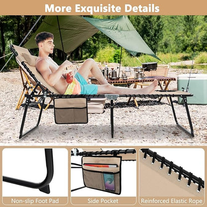 Giantex Patio Lounge Chairs for Outside - Set of 2 Folding Tanning Chair w/Headrest, 4 Adjustable Positions, Side Pocket, Outdoor Chaise Lounge for Camping, Pool, Sunbathing Beach Chair, Beige