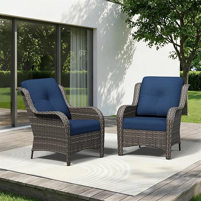 Patio Chairs Set of 2, Outdoor Wicker Patio Furniture Set with Thickened Olefin Cushions, High Back and Deep Seating - Photo 1