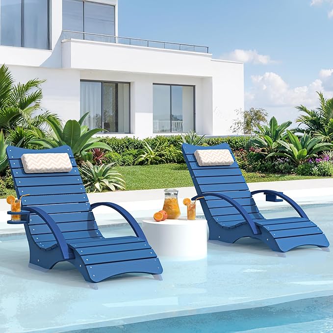 Pool Lounge Chairs Set of 2, Shallow Water 8-10 Inches Deep, HDPS Fade Resistant Pool Tanning Chair with Armrest, Cup Holder, Headrest, 330lbs Capacity, Outdoor Deck Sun Lounger, Dark Blue