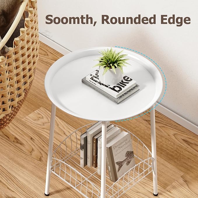 Small Outdoor Side Table, 2-Tier Round Metal Patio Table, Accent Table Waterproof, Weather Resistant End Table for Yard Porch Pool Balcony Garden Bedside (White)