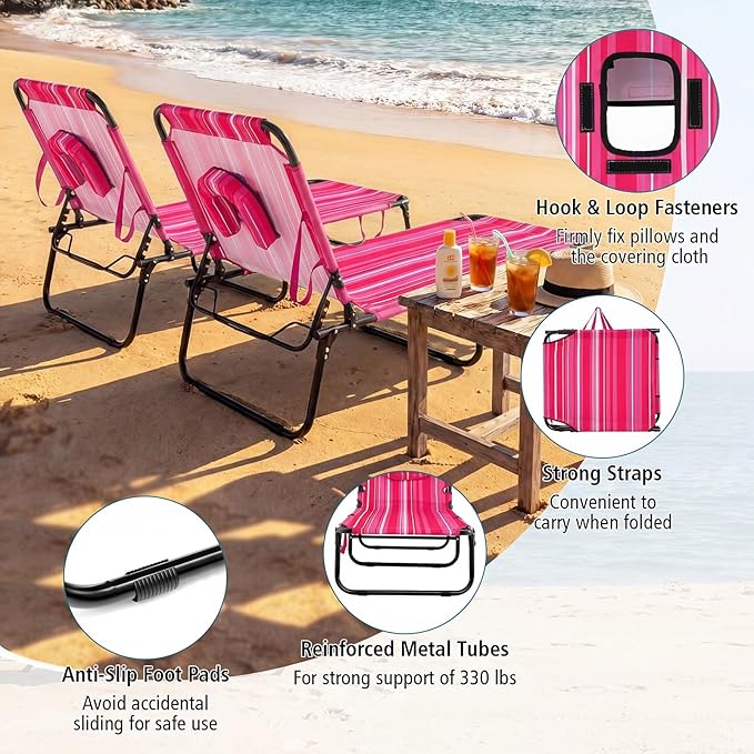 Tangkula Beach Lounge Chair, Folding Sunbathing Recliner with Face Hole, Face Down Tanning Chair with 4-Level Adjustable Backrest & 3 Removable Pillows, Chaise Lounge Chair for Patio (1, Pink Stripe)