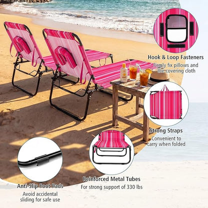 GYMAX Tanning Chair, Folding Lounge Chairs with Face Hole & Cover, Removable Pillow Carry Handle, Portable Compact Outdoor Layout Recliner for Beach, Poolside, Lawn, Patio, Camping (Pink Stripe,1)