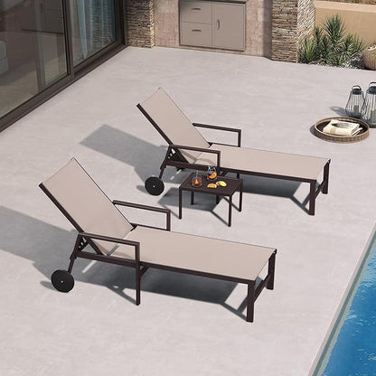 PURPLE LEAF Outdoor Chaise Lounge Chair Set of 2 with Armrests, Aluminum Patio Loungers with Wheels and Adjustable Backrest, Includes Side Table for Deck, Outside, Lawn, Garden, Sand Beige