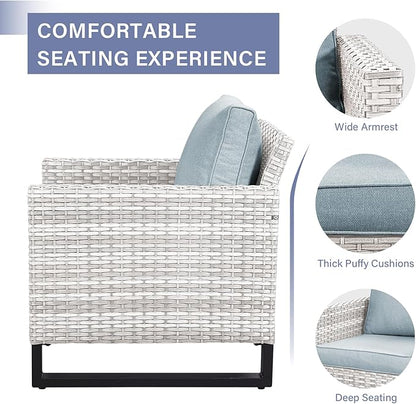 Wicker Outdoor Patio Chairs Set - 3 Piece Rattan Patio Furniture Bistro Chairs Set with Waterproof Wicker,Comfortable Cushions and Sturdy Metal Frame for Porch Deck Backyard(Light Grey/Sky Blue)