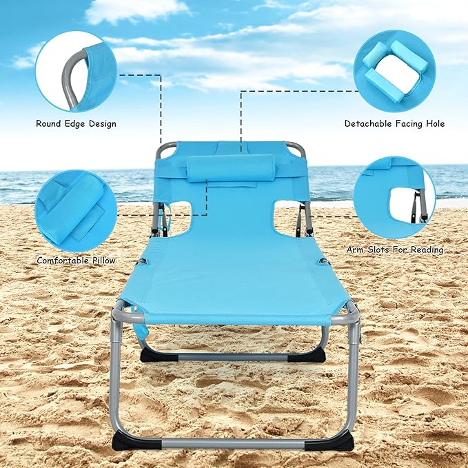 GYMAX Tanning Chair, Folding Beach Lounger with Face Arm Hole, Adjustable Backrest, Side Pocket, Pillow & Carry Handle, Outside Sunbathing Lounge Chair for Patio, Poolside, Lawn (1, Turquoise)