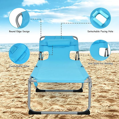 GYMAX Tanning Chair, Folding Beach Lounger with Face Arm Hole, Adjustable Backrest, Side Pocket & Carry Handle, Outside Sunbathing Lounge Chair for Patio, Poolside, Lawn (2, Turquoise)