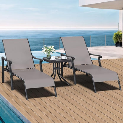 YITAHOME Outdoor Chaise Lounge Chair Set of 3,Patio Lounge Chair with Side Table and 5 Adjustable Positions, Textile Pool Chaise Lounger for Outdoor, Patio, Beach, Yard (Brown)