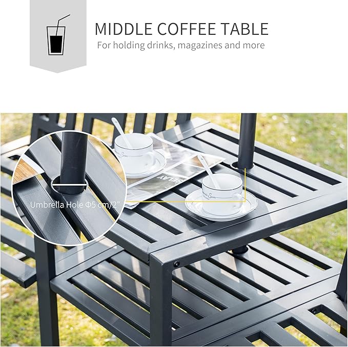 Outsunny Metal Garden Bench with Middle Table and Umbrella Hole, 2-in-1 Double Patio Chairs, Outdoor 2-Person Tete-a-Tete, Slatted, Black