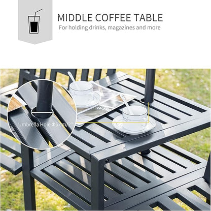 Outsunny Metal Garden Bench with Middle Table and Umbrella Hole, 2-in-1 Double Patio Chairs, Outdoor 2-Person Tete-a-Tete, Slatted, Black