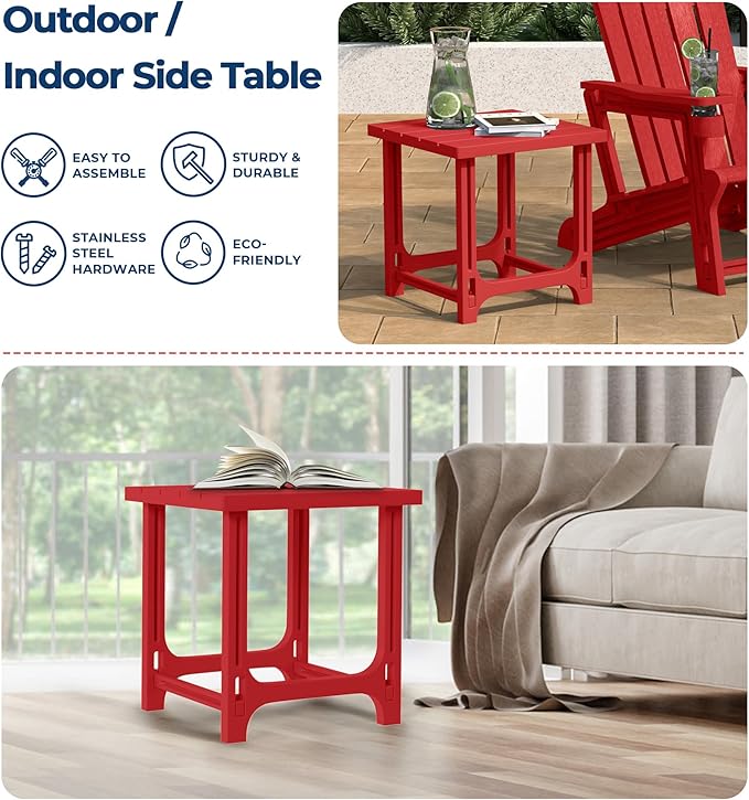Costaelm Cayman 2-Piece HDPE Plastic Adirondack Patio Chair Set with 18" Side Table, Red