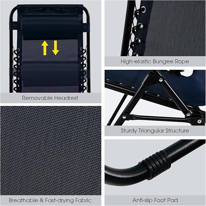 Goplus Zero Gravity Lounge Chairs, 160°Adjustable Folding Recliner w/Pillow and Cup Holder, 350LBS Comfy Outdoor Lounge Chairs for Patio, Lawn, Yard & Camp(1, Navy)