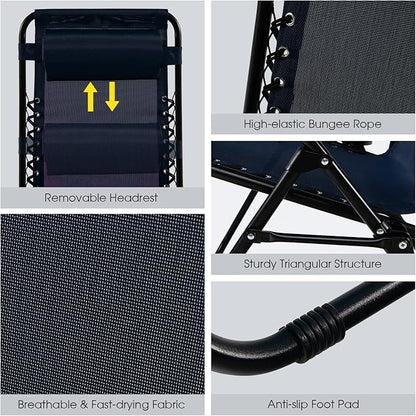 Goplus Zero Gravity Lounge Chairs, 160°Adjustable Folding Recliner w/Pillow and Cup Holder, 350LBS Comfy Outdoor Lounge Chairs for Patio, Lawn, Yard & Camp(1, Navy)