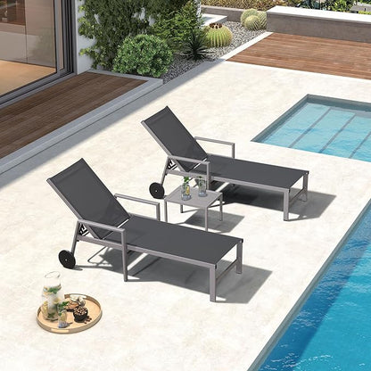 PURPLE LEAF Outdoor Chaise Lounge Set for 2 Aluminum Patio Chaise Lounger Chairs with Armrest and Wheels Adjustable Pool Chaise Lounge Chair for Beach Yard Poolside Table Included, Grey