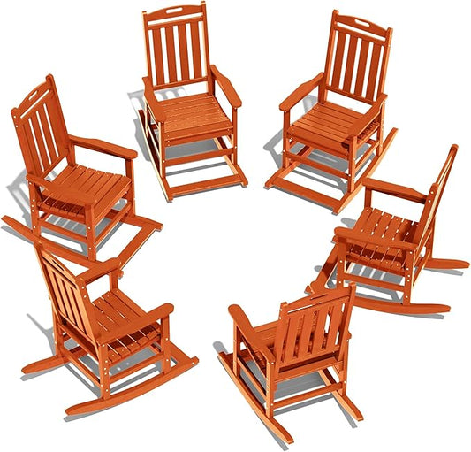 LOUNZY Outdoor Rocking Chair with Footboards Set of 6, HDPE Rocking Chair Patio Porch Rocker with 380lbs Support for Adult, Orange